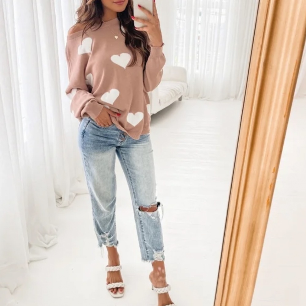 Pink Lily Mauve Heart Print Scoop Neck Sweater